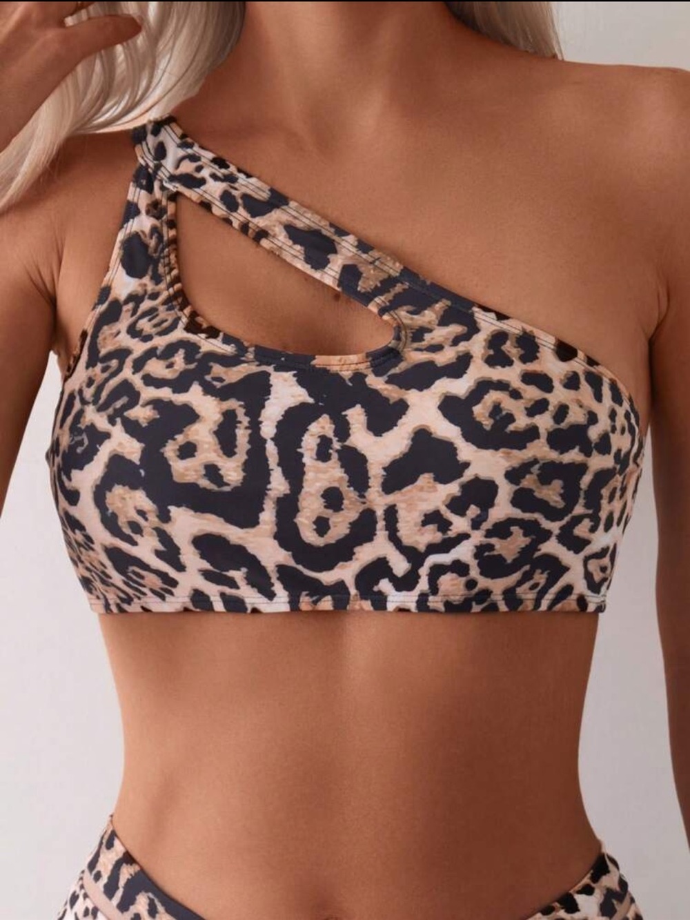 One-Shoulder Leopard Print Swim Top in Beige/Black